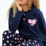 Navy pyjama with pink hearts
