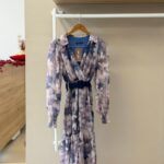 Floral surplice belted midi dress