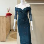 Teal green mesh ruched off-shoulder maxi dress