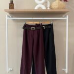 High waisted belted wide leg trousers