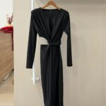 Long sleeve cut out knot detail black midi dress