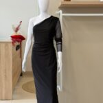 One shoulder draped mesh midi dress