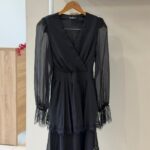 Lace trim tiered mesh black mini dress