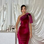 One shoulder bow velvet maxi dress