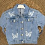 Kids Light Blue Denim Jacket With Butterfly Print
