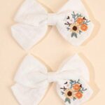White Embroidery Hair Bow Clips 2pcs
