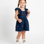 Girls Navy Blue Cherry Denim Dress