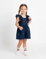 Girls Navy Blue Cherry Denim Dress