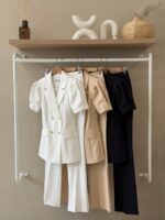 Double breasted puff sleeve pant set