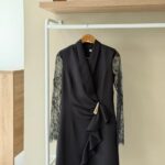 Black lace sleeve drape detail mini dress