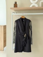 Black lace sleeve drape detail mini dress