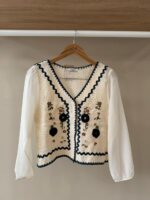 Embroidered crochet top with chiffon sleeves