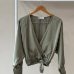 Satin surplice tie front olive green shirt