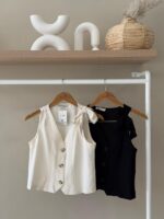 Linen blend tie shoulder vest