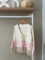 Boho tie front fringe beige shirt