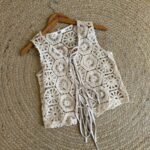 Boho crochet tie front beige vest