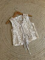 Boho crochet tie front beige vest