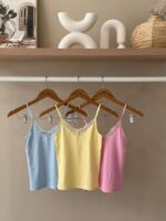 Lace trim v neck ribbed tank top