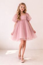 Girls Pink Lace Puff Sleeve Dress - Image 2