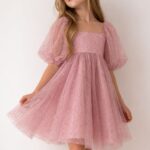 Girls Pink Lace Puff Sleeve Dress
