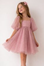 Girls Pink Lace Puff Sleeve Dress