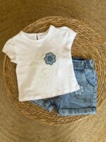 White Flower T-Shirt and Denim Shorts Set