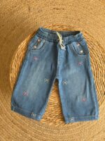 Denim Pants With Embroidered Bows