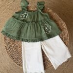 Green Ruffle Top and White Pants Set