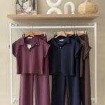 Polo-collar top & wide leg trousers set