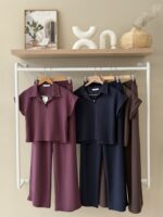 Polo-collar top & wide leg trousers set