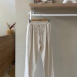 Drawstring waist beige linen pants