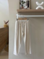 Drawstring waist beige linen pants