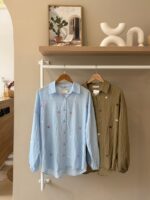 Embroidered floral textured button down shirt