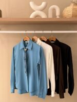 Long sleeve button down shirt with removable scarf tie