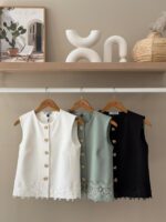 Lace hem sleeveless button down vest