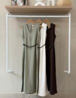 V-neck linen maxi dress with side slit and belt