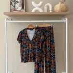 Abstract floral buttom down brown pajama