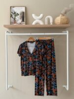 Abstract floral buttom down brown pajama