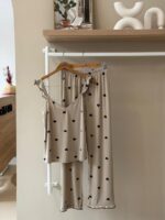 Ruffle strap heart print beige pajama