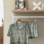 Ornate tropical button down olive green pajama