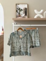 Ornate tropical button down olive green pajama