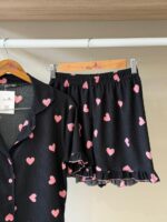Ruffle trim heart print button down black pajama - Image 2