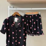 Ruffle trim heart print button down black pajama