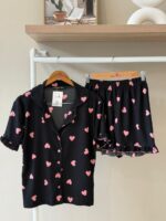 Ruffle trim heart print button down black pajama