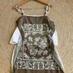 Sheer floral panel reversible beige and olive green top