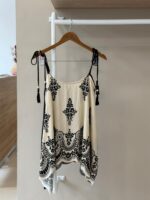 Printed reversible handkerchief hem beige and black top