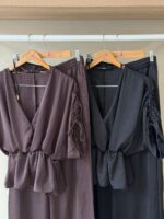 Ruched sleeve surplus top and wide leg pant satin set - Image 2