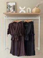 Ruched sleeve surplus top and wide leg pant satin set