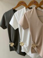 Metallic accent fitted v-neck top - Image 2