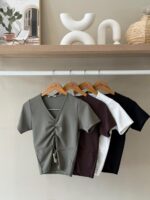 Draped v-neck buckle detail top